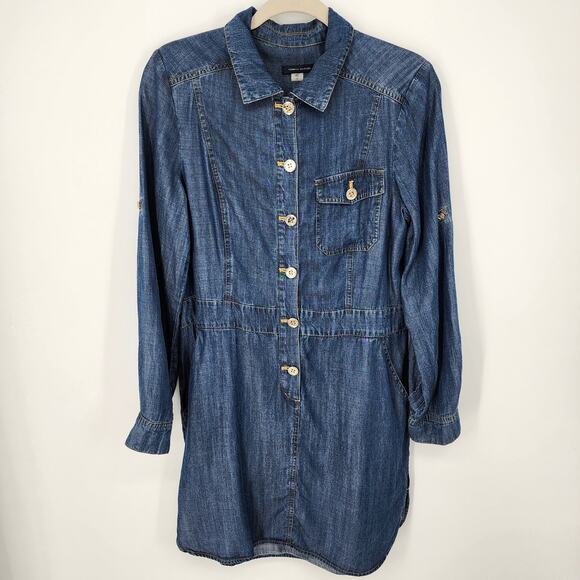 Tommy Hilfiger Chambray Shirt Dress 10 Short Collared Button Front Med Wash Blue - Picture 1 of 11